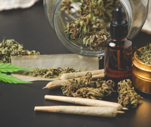 Marijuana buds with marijuana joints and Cannabis oil